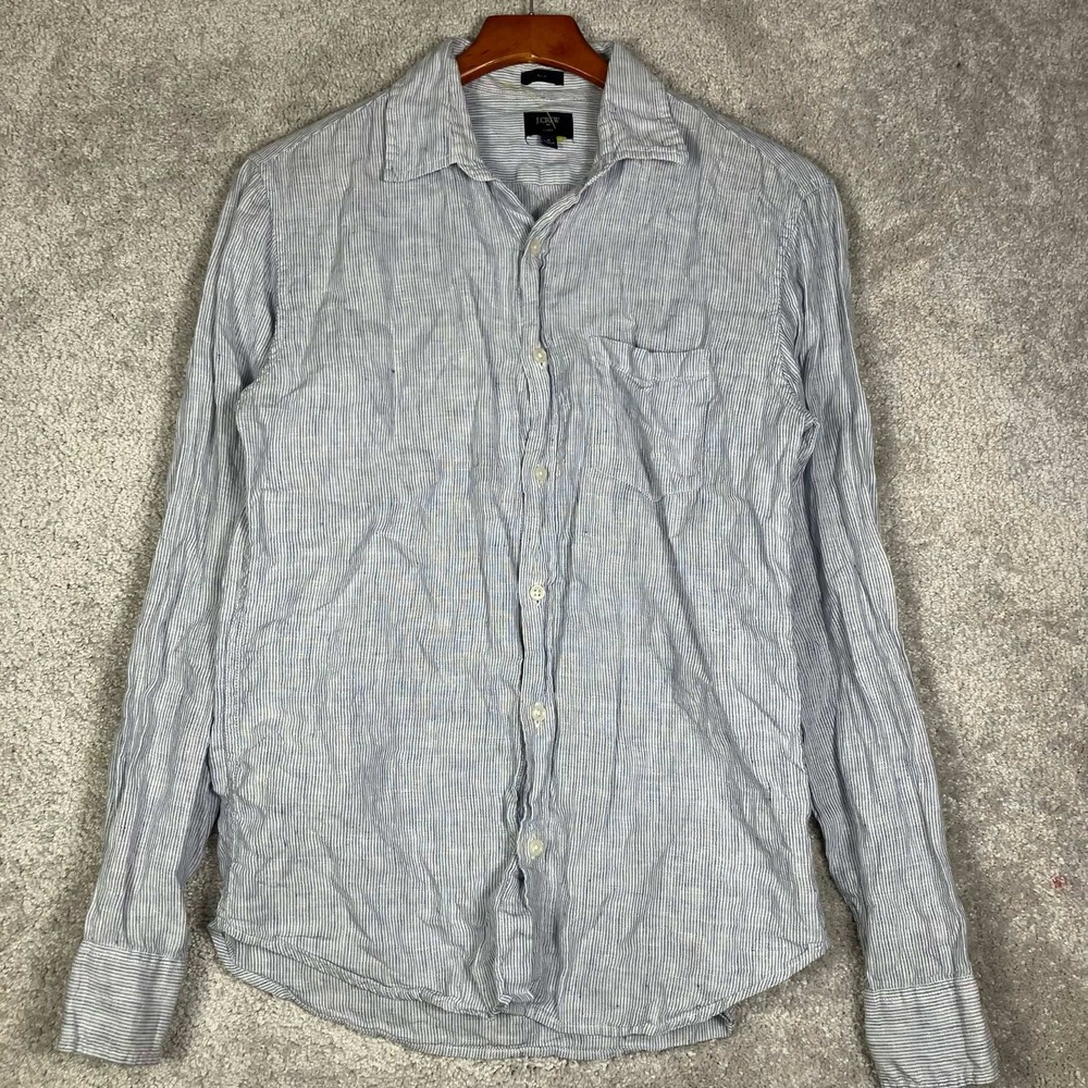 J.Crew Button Down Shirt Mens Medium Blue Striped Slim Fit Linen Long Sleeve